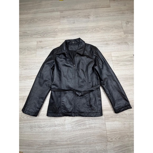 Jacqueline Ferrar Jackets & Blazers - Jacqueline Ferrar Black Leather Belted Zip Up Jacket Sz Small Collared Moto Coat